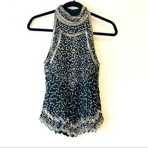 Vintage Sequin Beaded Bedazzled Choker Neck Silk Blouse Small